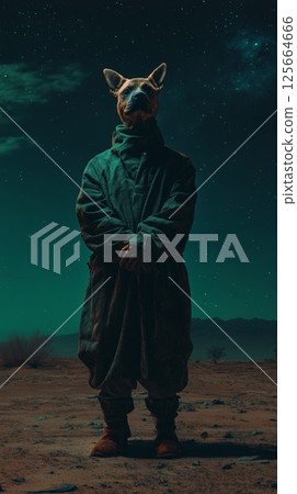 Surreal desert scene with anthropomorphic dog under starry sky, fantasy art concept 125664666