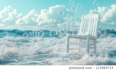 White chair in ocean waves with bubbles, surreal seascape art. Creative solitude and tranquility concept 125664714