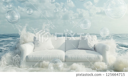 white sofa on ocean waves with floating bubbles, surreal concept 125664715
