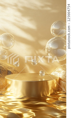 Elegant gold podium with floating glass spheres, abstract luxury scene. artistic decoration concept 125664754