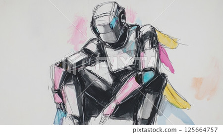 Sketch of a contemplative robot with colorful accents, abstract art. Futuristic creativity and imagination concept 125664757