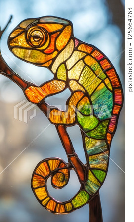 Stained glass chameleon art with vivid colors and sunlight reflection 125664763