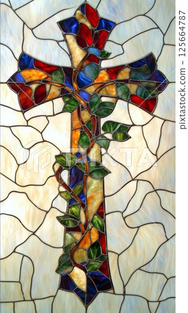 Stained glass window featuring colorful cross with vine design 125664787