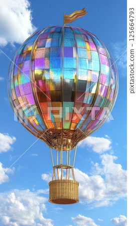 Colorful mosaic hot air balloon soaring against blue sky with clouds, adventure and travel concept 125664793