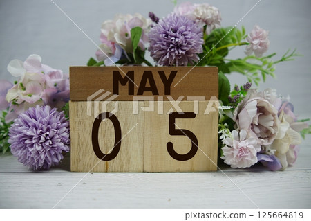 Wooden Calendar Showing the Date of May 5th. Day 5 of May month 125664819