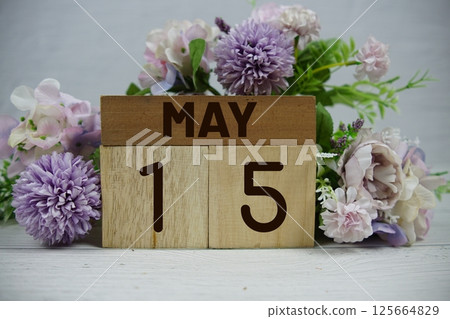 Wooden Calendar Showing the Date of May 15th. Day 15 of May month 125664829
