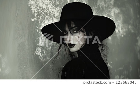 Woman witch in hat. Noire style, AI generative Woman witch in hat. Noire style, AI generative 125665043