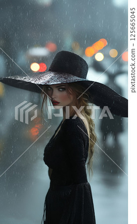 Woman witch in hat. Noire style, AI generative 125665045
