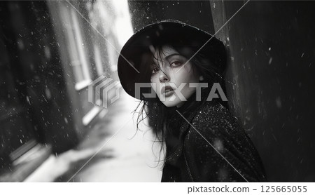 Witch in hat, noire style, attractive woman. AI generative 125665055