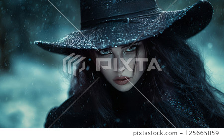 Witch in hat, noire style, attractive woman. AI generative 125665059