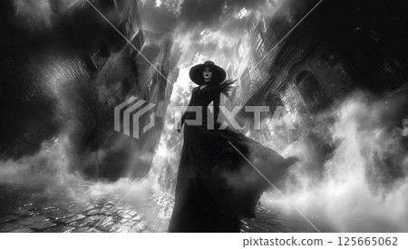 Witch in hat, noire style, horror. AI generative 125665062