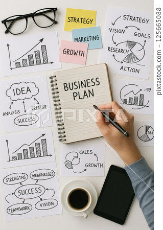 Person is writing business plan surrounded by strategy notes, graphs, and smartphone, emphasizing growth and success 125665088