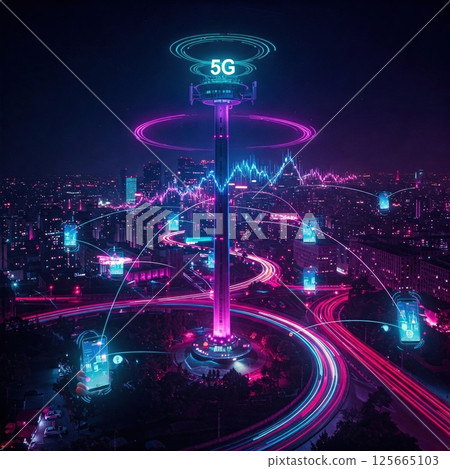 Vibrant futuristic cityscape at night showcases central tower emitting 5G signals, connecting various devices. Neon lights and digital waves highlight advanced technology Vibrant futuristic cityscape at night showcases central tower emitting 5G signals, connecting various devices. Neon lights and digital waves highlight advanced technology 125665103