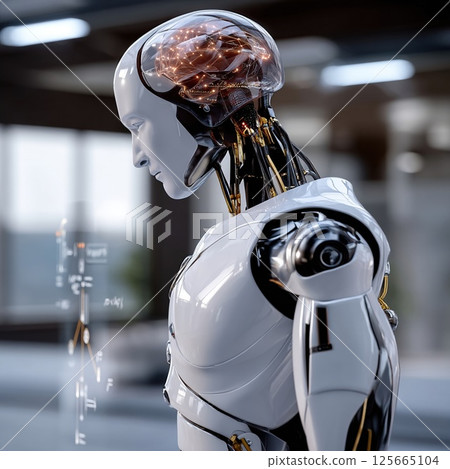 Futuristic humanoid robot with visible circuitry and transparent head showcasing complex neural networks, standing in modern environment. robot design is sleek and advanced Futuristic humanoid robot with visible circuitry and transparent head showcasing complex neural networks, standing in modern environment. robot design is sleek and advanced 125665104
