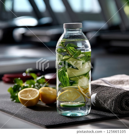 Refreshing bottle of infused water with cucumber, lemon, and mint sits on gym mat, surrounded by fresh lemons and towel, creating healthy and invigorating atmosphere 125665105