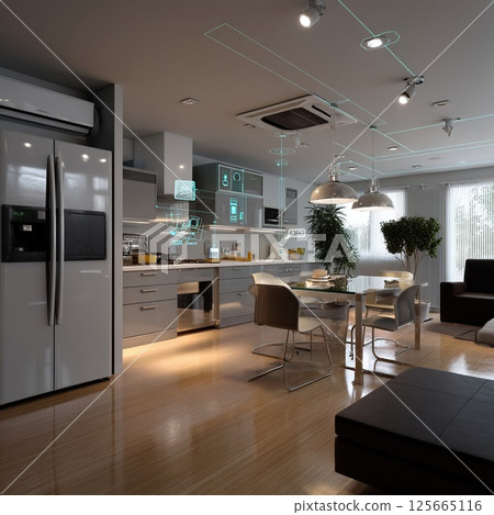 Modern smart kitchen and dining area with sleek appliances and integrated technology, featuring cozy dining table, ambient lighting, and contemporary decor, creating welcoming atmosphere Modern smart kitchen and dining area with sleek appliances and integrated technology, featuring cozy dining table, ambient lighting, and contemporary decor, creating welcoming atmosphere 125665116