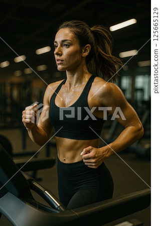 Focused woman runs on treadmill in gym, wearing black sports bra and leggings. dimly lit environment highlights her determination and athletic physique 125665129