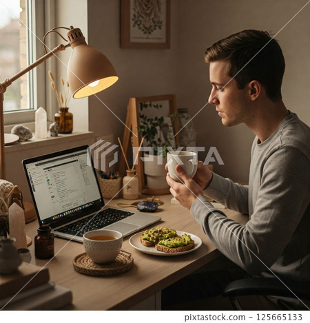 Person sits at home desk, holding mug and looking at laptop, with avocado toast and cozy atmosphere 125665133