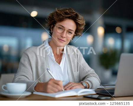 Person with glasses is writing at desk, appearing focused and thoughtful. setting is modern and well lit, with laptop and cup of coffee nearby, suggesting professional environment 125665135