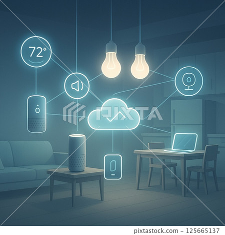 Smart home devices connected in network, featuring digital assistant, smart thermostat, and security camera in modern living room. scene is illuminated by smart bulbs 125665137
