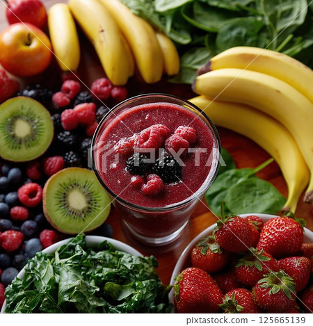Vibrant berry smoothie surrounded by fresh fruits and leafy greens, including bananas, strawberries, kiwi, and spinach, creating healthy and colorful display 125665139