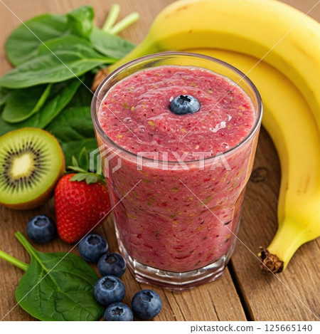 Vibrant smoothie with fresh fruits and spinach, featuring glass filled with red berry blend, garnished with blueberry, surrounded by bananas, strawberries, kiwi, and spinach leaves 125665140