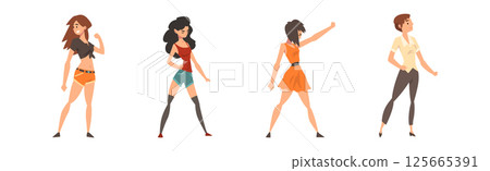 Young Woman Standing in Brave Pose Feeling Strength and Power Vector Set Young Woman Standing in Brave Pose Feeling Strength and Power Vector Set 125665391
