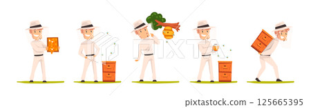 Man Beekeeper Harvest Honey from Bees Vector Set Man Beekeeper Harvest Honey from Bees Vector Set 125665395