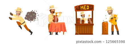 Man Beekeeper Harvest Honey from Bees Vector Set 125665398