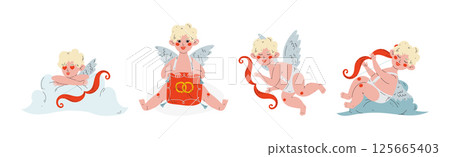 Funny Boy Cupid Character with Blond Hair and Wings Vector Set 125665403