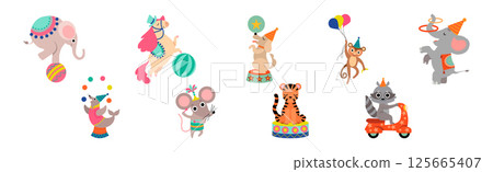 Cute Circus Animal Characters Tame Artist Performing Trick Vector Set Cute Circus Animal Characters Tame Artist Performing Trick Vector Set 125665407