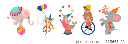 Cute Circus Animal Characters Tame Artist Performing Trick Vector Set 125665411