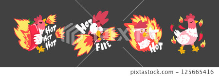 Hot Spicy Chicken with Fire as Grill and Roast Sticker Vector Set Hot Spicy Chicken with Fire as Grill and Roast Sticker Vector Set 125665416