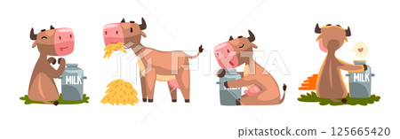 Funny Cow Farm Animal Character with Milk Vector Set 125665420