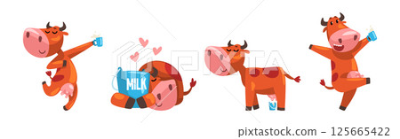 Funny Cow Farm Animal Character with Milk Vector Set 125665422