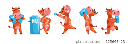 Funny Cow Farm Animal Character with Milk Vector Set Funny Cow Farm Animal Character with Milk Vector Set 125665423