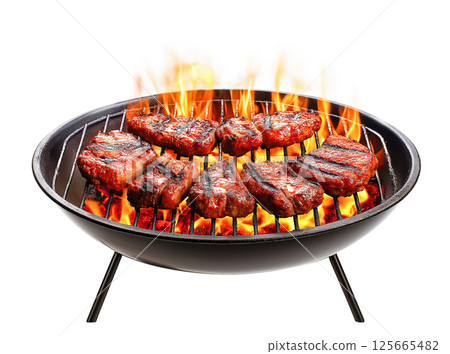 Grilled meat on flaming barbecue grill 125665482