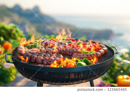 Grilled meat and vegetables on barbecue grill 125665485