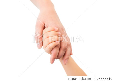 Adult and child hands holding hands on white isolated background 125665510