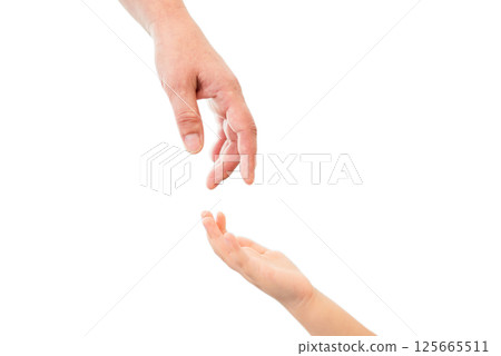 Women's and children's hands reach out to each other on a white isolated background 125665511