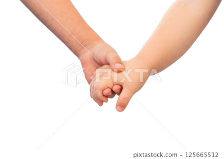 Children's hands holding hands on white isolated background 125665512