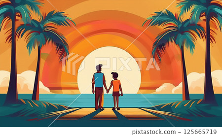 Father and child holding hands on a tropical beach path. Generated image 125665719