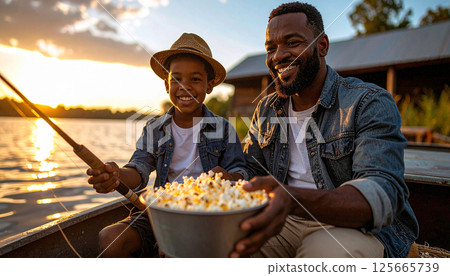 Father and child fishing at sunrise with a bowl of popcorn. Generated image 125665739
