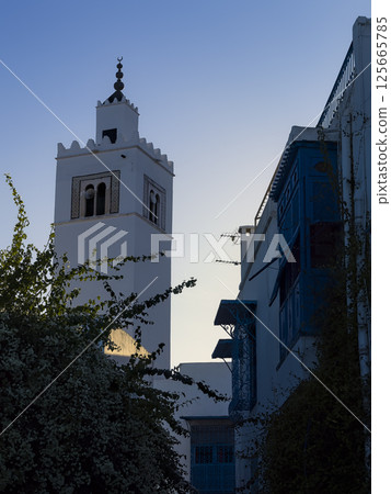 Mosque at sunset, Sidi Bou Said, Tunisia 125665785