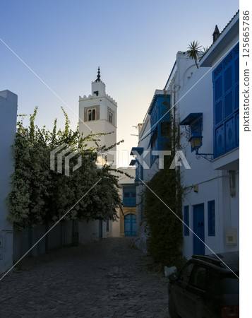 White mosque in an alley in Sidi Bou Said, Tunisia 125665786