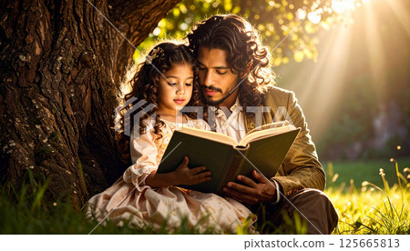 Dad and daughter reading a book together under a tree. Generated image 125665813