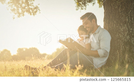 Dad and daughter reading a book together under a tree. Generated image 125665815
