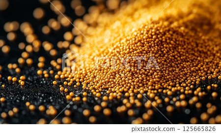Yellow mustard seeds scattered on a dark surface close up Yellow mustard seeds scattered on a dark surface close up 125665826