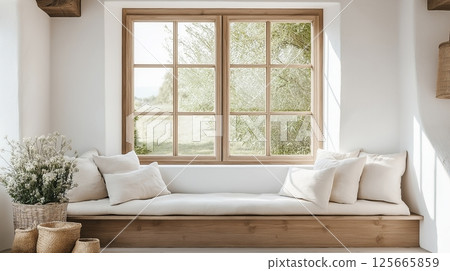 Cozy interior with window seating and natural light on a peaceful day Cozy interior with window seating and natural light on a peaceful day 125665859