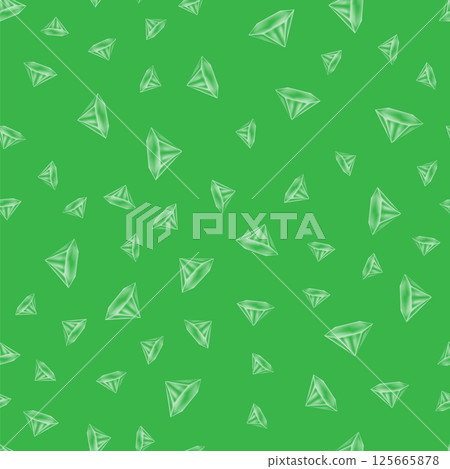 Vector crystal diamond seamless pattern on green background. Glass transparent prism backdrop. Mineral random triangle pyramid set 125665878